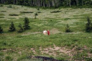 Man and woman in red dress hold hands and laugh as they run down hill, with aspen trees in the background, captured by Utah engagement photographer.